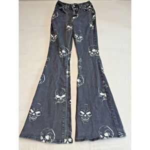 Machine Pour Neuf Mode Jeans Size 3 Black Skull AOP Bell Bottom Flare Goth Punk